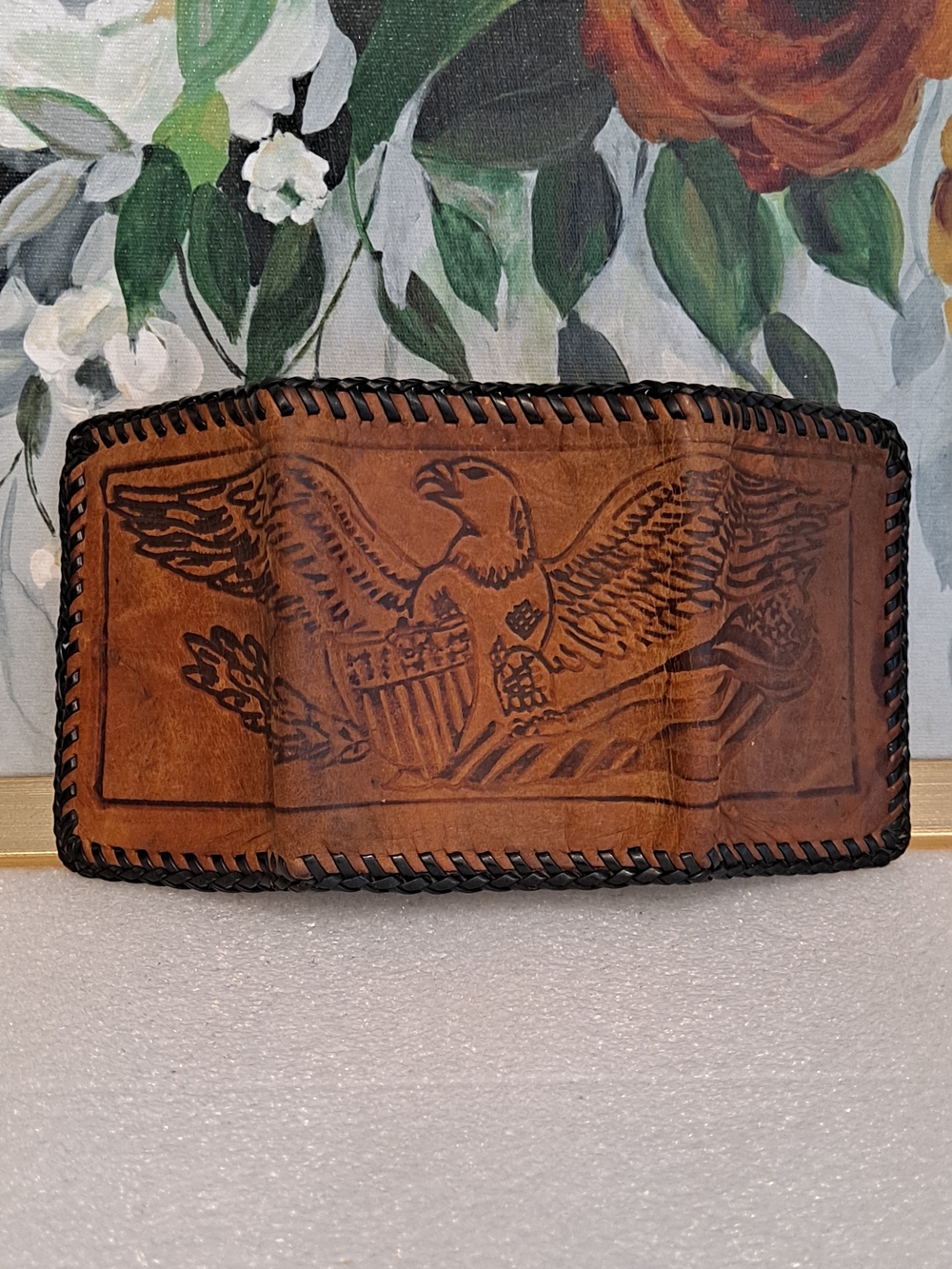 Artisan Brown Leather Trifold Wallet w/Eagle Motif Americana Tooled Embossed